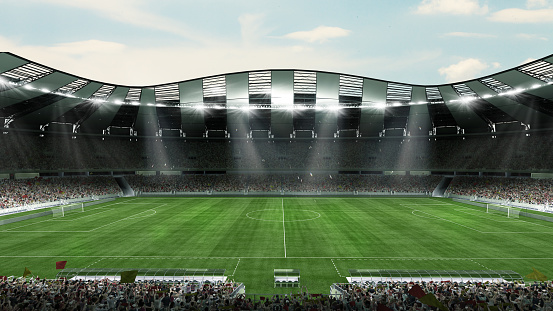 Side view of empty football field with flashlights and sunny cloudy sky background. Stadium with filled stands with sports soccer fans. Poster for ad, design. 3d model. World cup concept