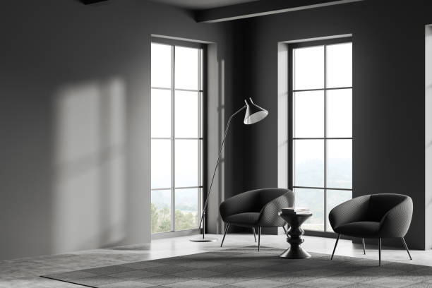 istock Grey relax room interior with armchairs and coffee table. Mockup 1425463362