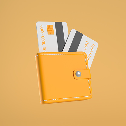 Yellow wallet with two credit cards. Concept of banking and payment. 3D rendering