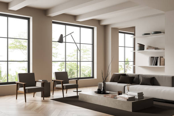 istock Modern chill interior with chairs and couch with decoration, panoramic window 1425465039