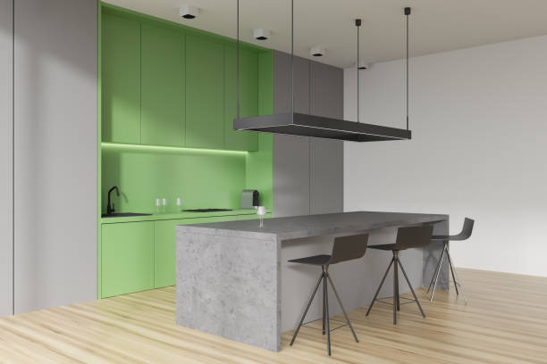 istock Corner view on modern bright kitchen room interior with island 1425465183