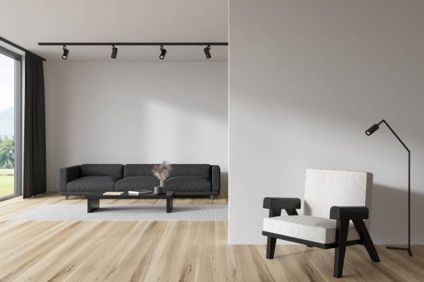 istock Front view on bright living room interior with white wall 1425466028