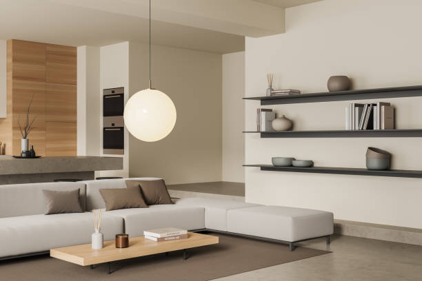 istock Light kitchen interior with couch and dining area, art decoration 1425466478