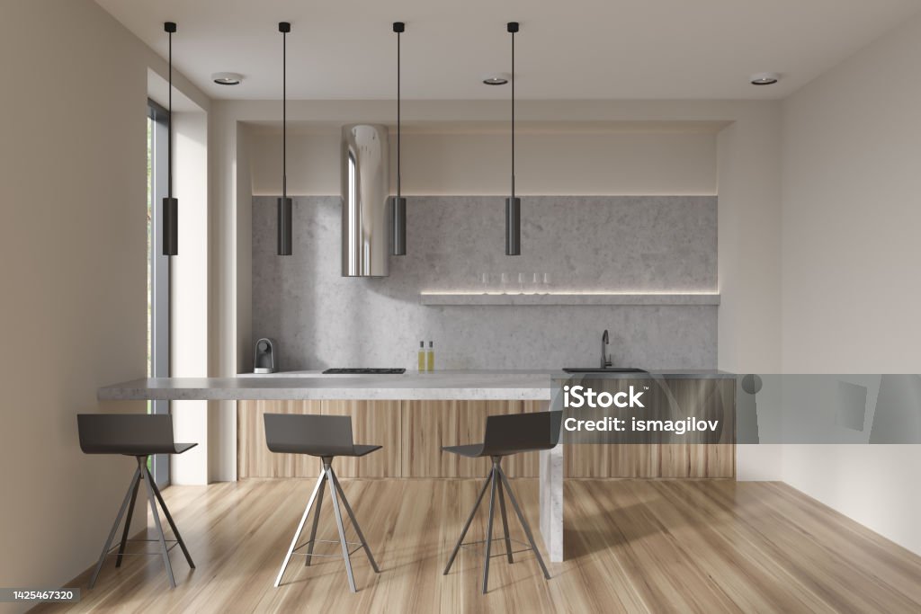 Beige Kitchen Interior With Bar Table Chairs And Deck With Kitchenware ...