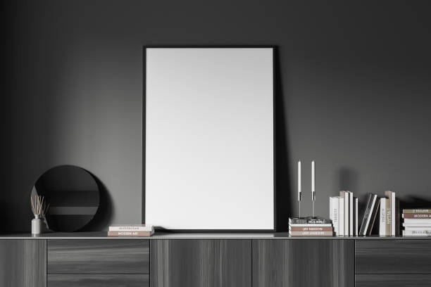 istock Front view on dark living room interior with empty poster 1425467495