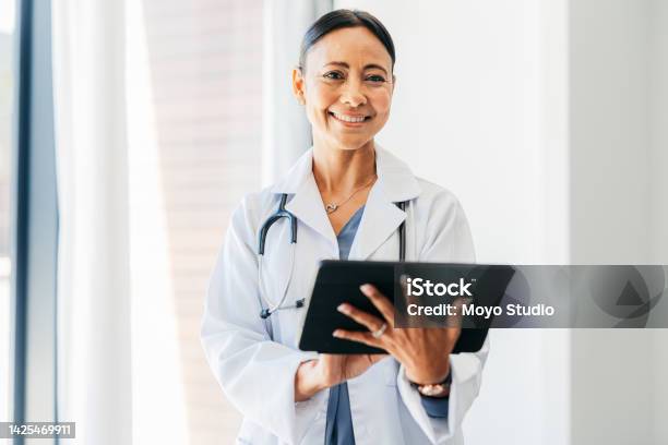 Telehealth Doctor Woman Connect Digital Tablet And Virtual Healthcare Analysis Medical Service And Planning Online Happy Portrait Of Wellness Worker Medicine Research And Clinic Internet Results Stock Photo - Download Image Now