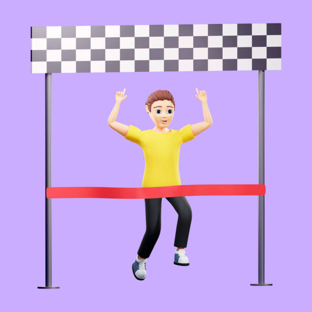 Raster illustration of man runs with his hands up. A young guy in a yellow tshirt runs first to the finish line, cuts the red ribbon, wins the competition, rejoices in the victory. 3d render artwork la ilustración rasterizada del hombre corre con las manos en alto. un joven con una camiseta amarilla corre primero a la línea de meta, corta la cinta roja, gana la competencia, se regocija en la victoria. ilustraciones de renderizado 3d