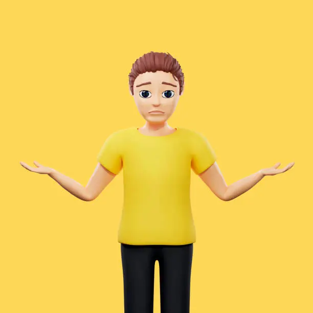 Photo of Raster illustration of man throws up his hands. Young guy in a yellow tshirt does not know what to do, upset, sad, mood, crying, emotion, weeping 3d rendering artwork for business and advertising