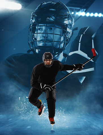 Winter sports. Poster with portrait of professional hockey player in sports uniform and protective equipment over blue background. Concept of speed, power, energy, competition, strength, goals, ad.