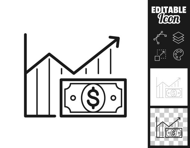 ilustraciones, imágenes clip art, dibujos animados e iconos de stock de gráfico de crecimiento con billete de dólar. icono para el diseño. fácilmente editable - moving up prosperity growth arrow sign