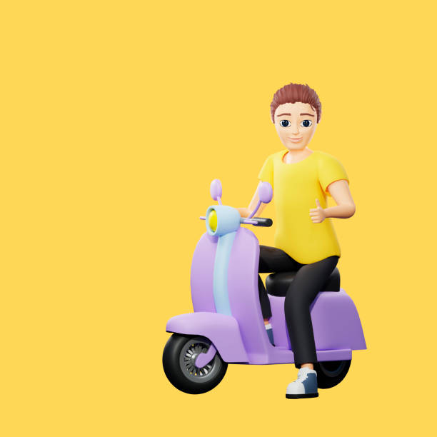 Raster illustration of man riding a scooter and thumb up. Young guy in a yellow tshirt rides a motorcycle, delivery, transport, speed, traffic rules. 3d rendering artwork for business and advertising ilustración rasterizada de un hombre montando un scooter y pulgar hacia arriba. joven con una camiseta amarilla monta una motocicleta, entrega, transporte, velocidad, reglas de tráfico. renderizado 3d de ilustraciones para negocios y publicidad
