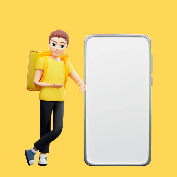 istock Raster illustration of man with a backpack leaned on phone. Young guy in a yellow tshirt delivers a parcel, pointer, location, destination, distance. 3d rendering artwork for business 1425470876