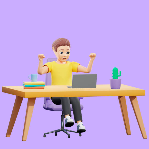 Raster illustration of man working at the desk in the office. A young guy in a yellow tshirt sits on a chear rejoice with a laptop and hot drink in a mug, victory, success at work. 3d render artwork ilustración rasterizada del hombre que trabaja en el escritorio de la oficina. un joven con una camiseta amarilla se sienta en un chear regocijarse con una computadora portátil y una bebida caliente en una taza, la victoria, el éxito en el trabajo. ilus