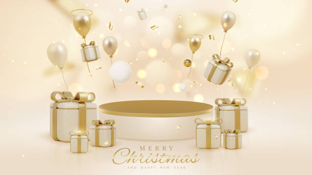 istock Merry christmas background with product display podium and gift box decoration and golden ball and balloons with ribbon and glitter light effect and bokeh elements. 1425472344