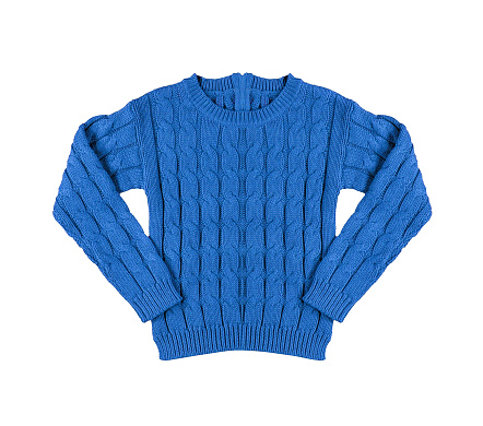 Blue warm knitted sweater with a pattern isolated on white background