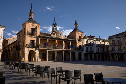 El Burgo de Osma (Spain), September 5, 2022.  It is a town in the province of Soria (Castilla y León). In the 12th century, after the expulsion of the Muslims, Pedro de Bourges, better known as San Pedro de Osma, restored his diocese. Its new urban nucleus developed around the cathedral. His further development was linked to his cathedral and the influences, activities and power of its various bishops.