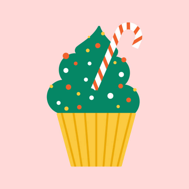 かわいいふりかけの装飾が施されたクリスマスカップケーキ。キャンディーステッキと伝統的な家族のクリスマス甘い御馳走。 - cupcake sprinkles baking baked点のイラスト素材／クリップアート素材／マンガ素材／アイコン素材