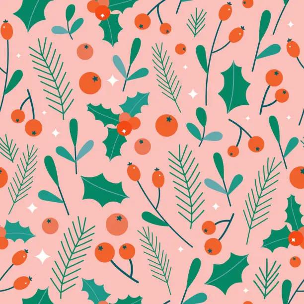 Vector illustration of Christmas floral seamless pattern on pink background. Cute flat red berries, mistletoe, fir branches with tiny sparkles.