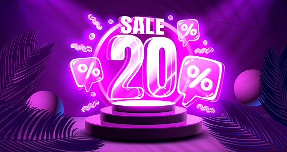 Mega sale special offer, Neon 20 off sale banner. Sign board promotion. Vector illustration