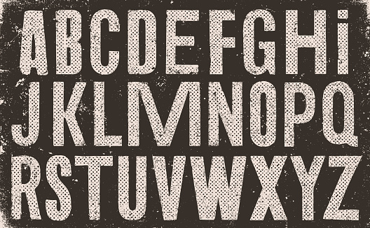 Very distressed and old uppercase alphabet. White letters on black weathered texture background. Vector distressed capital letters alphabet with halftone texture.