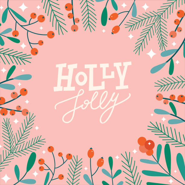 ilustrações, clipart, desenhos animados e ícones de cartão de saudação floral de natal com holly jolly letras. moldura redonda moderna plana com florais bonitos. - christmas retro revival frame holiday