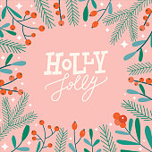 istock Christmas floral greeting card with Holly Jolly lettering. Flat modern round frame with cute florals. 1425474967