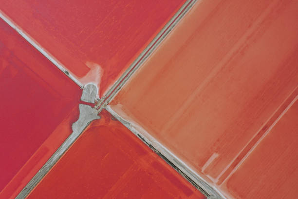 Drone image from a saltfield located at the Mediterranean coast in South France with its beautiful colors and structures.