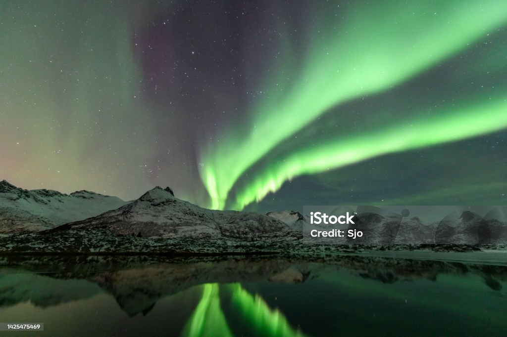 Northern Lights, Aurora Borealis over the Lofoten Islands in Northern Norway during winter Northern Lights, polar light or Aurora Borealis in the night sky over the Lofoten islands in Northern Norway. Wide panoramic image with snow covered mountains and a lake in the foreground. Norway Stock Photo