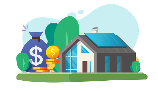 Money mortgage credit on home vector, house building tax value and expense, property real estate refinance loan, price or cost of habitation ownership, investment fund cash to construction