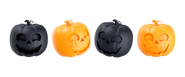 3D Set of Pumpkins. Happy Halloween decoration element for banner and poster. Jack o Lantern. Scary pumpkin head with smile. Cartoon creative design icon isolated on white background. 3D Rendering