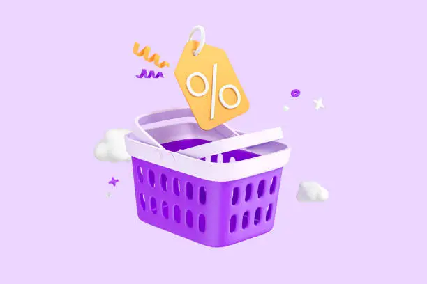 Shopping Basket with Price Tag and Percent. Sale and discount on purchases of goods. Online shopping icon in cartoon design on purple background. 3D Rendering