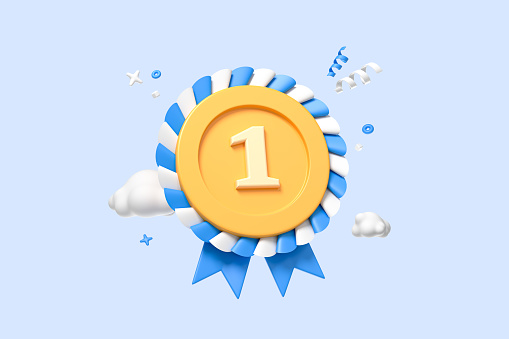 Award medal with ribbon. Quality guarantee medal with star. Sport reward concept. Business success. Victory prize with cloud. Cartoon creative design icon isolated on blue background. 3D Rendering