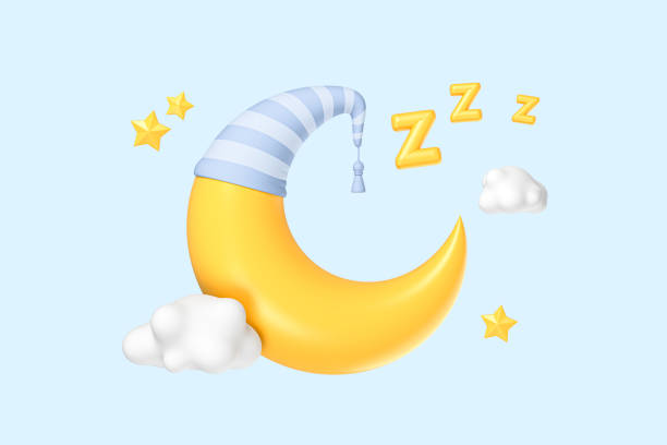 3D Crescent moon in a blue sleeping cap and star. Half yellow moon. Realistic elements for holiday, celebration banner and poster. Cartoon creative design icon isolated on blue background. 3D Render