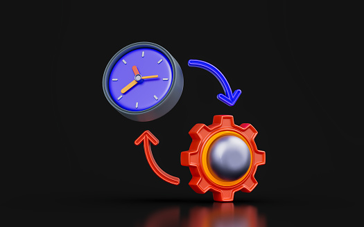 gear sign with clock on dark background 3d render concept for time management