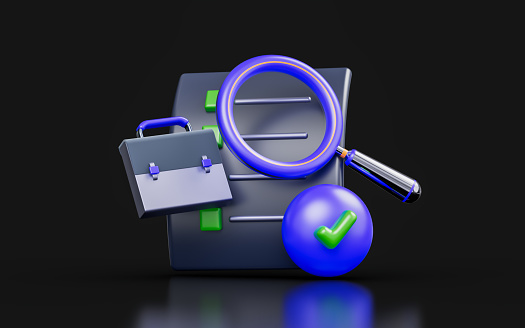 document with magnify glass briefcase check mark sign 3d render concept for marketing research done