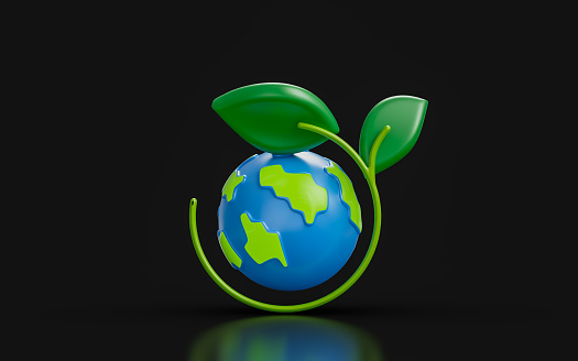 globe sign with tree on dark background 3d render concept for planet earth ecology
