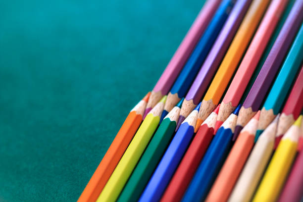 Back to school concept with colored pencils on the green background. Art and craft. Design professional.  Education. Office supplies. Flat lay. Copy space. Top view.
