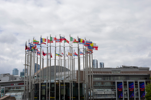 Moscow, Russia - June 15, 2022: Flags of different countries on Euroma Square in Moscow, a symbol of international cooperation and peace