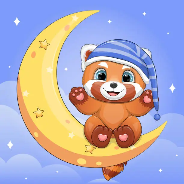 Vector illustration of A cute cartoon Red Panda in a nightcap is sitting on the moon.