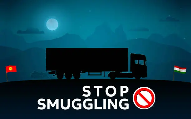 Vector illustration of Stop smuggling at the border poster. Silhouette of truck drive in nature landscape with mountains at night vector illustration. Any country may use this poster with their national flags