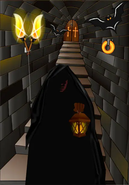 Vector illustration of Long corridor of a medieval castle with torches.