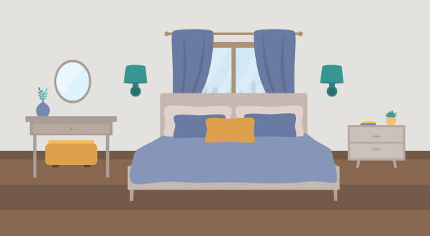 ilustrações de stock, clip art, desenhos animados e ícones de modern bedroom interior with bed and dressing table - bed bedroom cartoon furniture