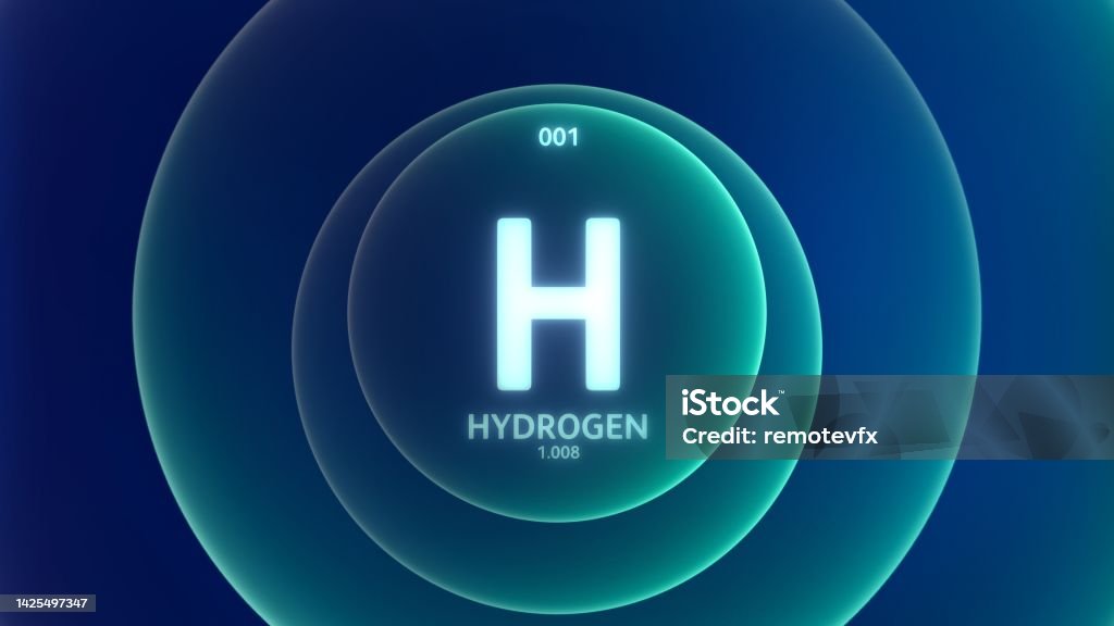 Hydrogen Periodic Table Science Content Title Design Illustration on Abstract Blue Green Gradient Rings Website Banner Background Hydrogen as Element 1 of the Periodic Table. Concept illustration on abstract blue green gradient rings seamless loop background. Title design for science content and infographic showcase display. Hydrogen Stock Photo