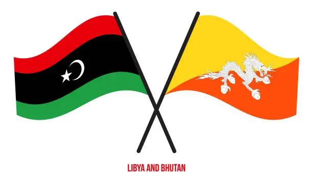 Vector illustration of Libya and Bhutan Flags Crossed And Waving Flat Style. Official Proportion. Correct Colors.