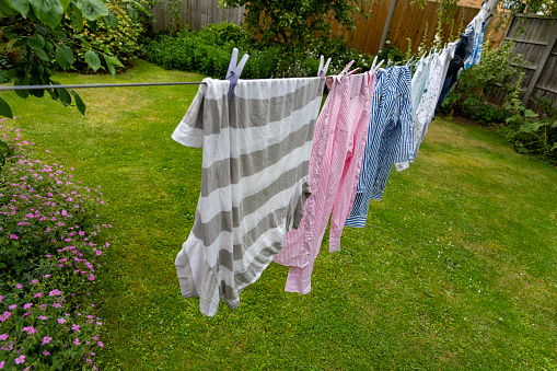 Washing hung out to dry on a washing line.