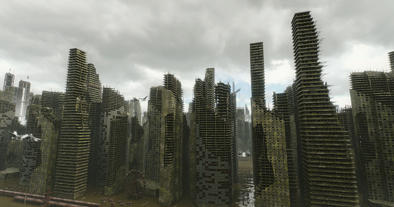 Digitally generated post-apocalyptic scene depicting a desolate urban landscape with tall buildings in ruins and mostly cloudy sky.\n\nThe scene was created in Autodesk® 3ds Max 2023 with V-Ray 6 and rendered with photorealistic shaders and lighting in Chaos® Vantage with some post-production added.