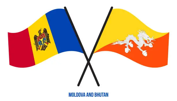 Vector illustration of Moldova and Bhutan Flags Crossed And Waving Flat Style. Official Proportion. Correct Colors.