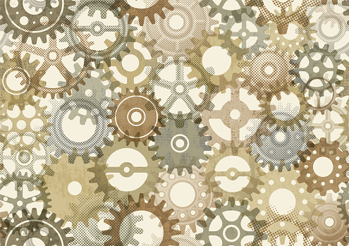 Vector illustration of various mechanical gears. Vintage antique rustic grunge steel gears clockworks seamless pattern, grunge textured background.