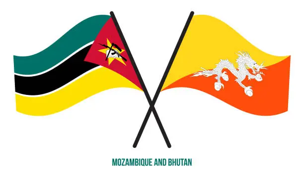 Vector illustration of Mozambique and Bhutan Flags Crossed And Waving Flat Style. Official Proportion. Correct Colors.