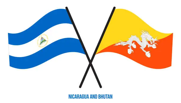 Vector illustration of Nicaragua and Bhutan Flags Crossed And Waving Flat Style. Official Proportion. Correct Colors.